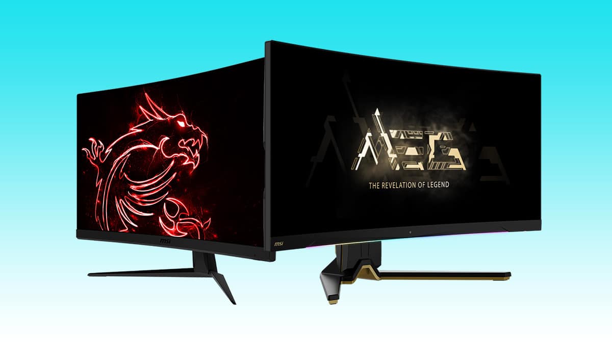 Two curved MSI QD-OLED 34" monitors with decorative designs and brand logos on a gradient background, available with a free second display for a limited time.