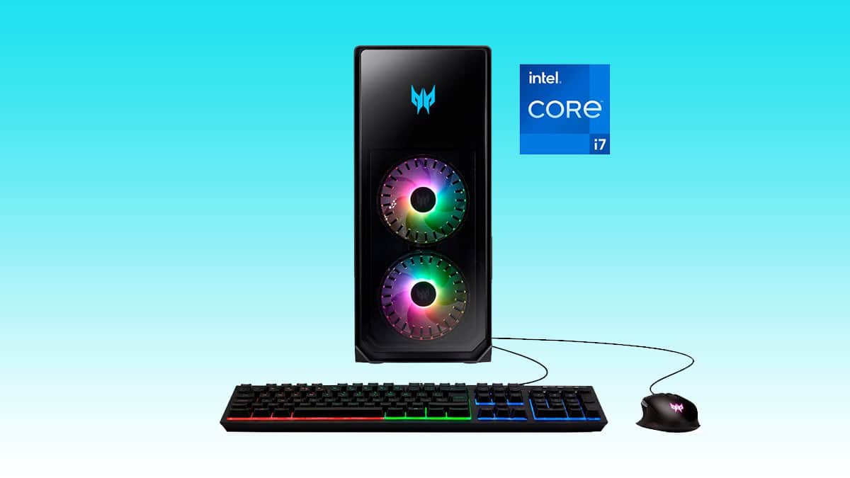 A desktop gaming pc with rgb fans, accompanied by a keyboard and mouse, featuring an Acer Intel i7 processor.