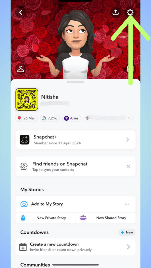 Screenshot of a Snapchat user profile showing where to acccess settings