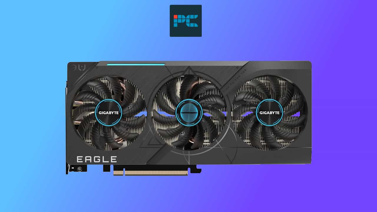 Gigabyte RTX 4070 Super OC eagle graphics card with triple-fan design on a blue background.