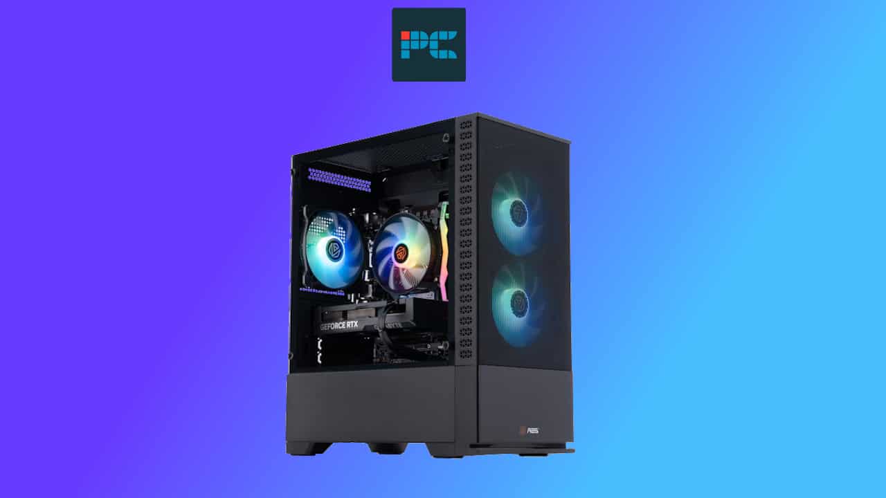 A custom-built gaming PC with RGB lighting and an RTX 4060 Ti inside a black tower case, displayed against a blue background.