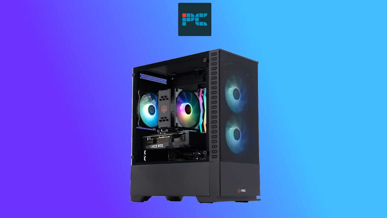 A high-end RTX 4070 gaming pc with transparent side panel displaying internal components and blue led lighting on a gradient blue background.