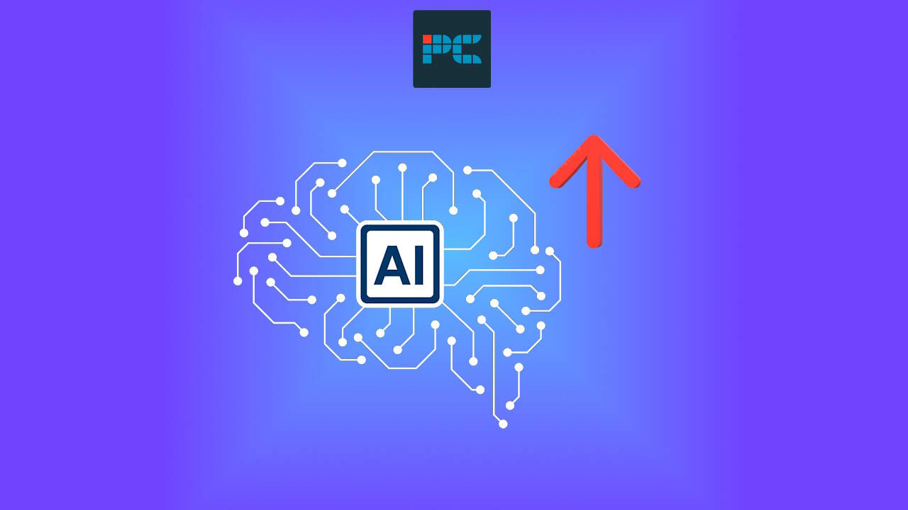 AI brain circuit icon with an upward red arrow on a blue gradient background, indicating AI power use and improvement.