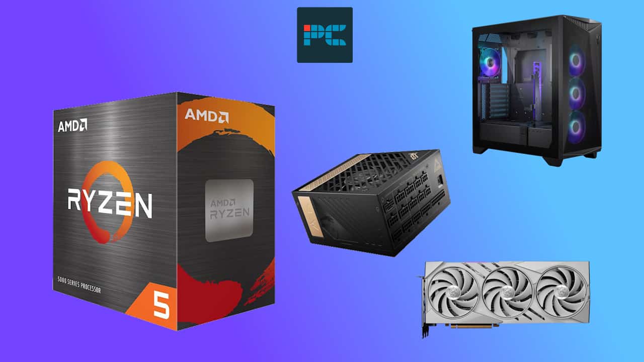 Components for a custom pc build, including an AMD Ryzen 5 5600X bundle, a graphics card, a pc case with cooling fans, and additional cooling fans.