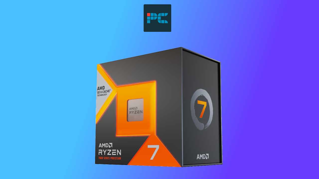 AMD Ryzen 7 7800X3D processor box displayed against a blue background.