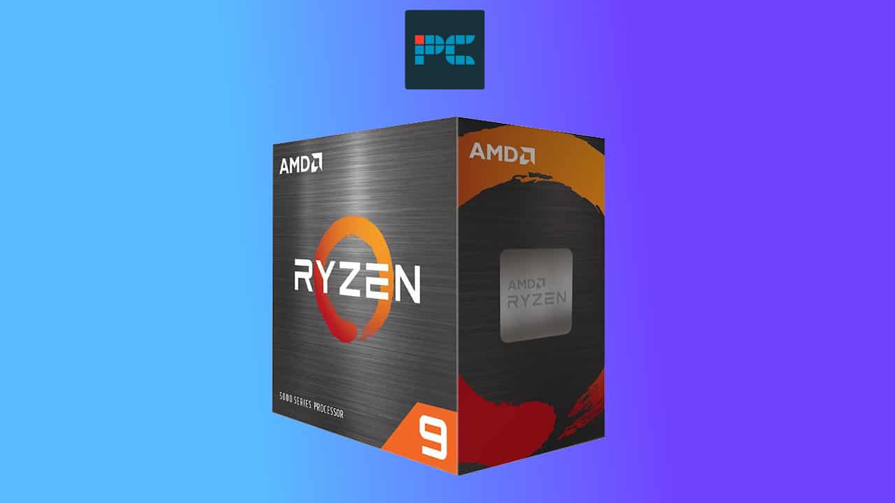 A box of AMD Ryzen 9 5900X processor with brand logo visible on a blue and purple gradient background.