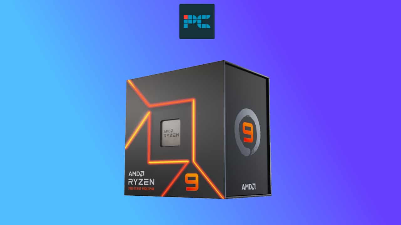 The AMD Ryzen 9 7900X CPU on a blue background