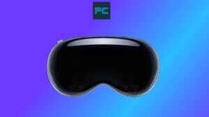 Virtual reality headset featuring Apple Vision Pro apps against a gradient blue background.