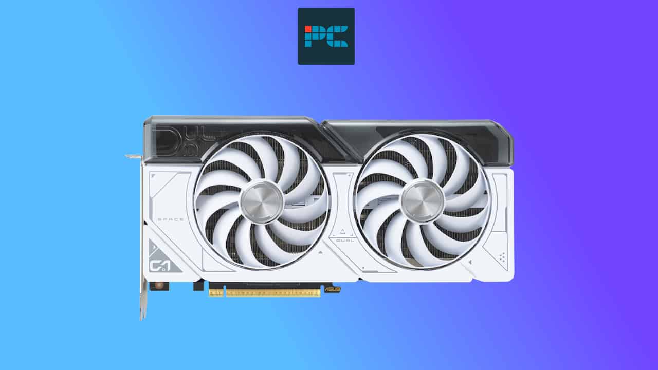Dual-fan RTX 4070 Super graphics card against a blue and purple gradient background.