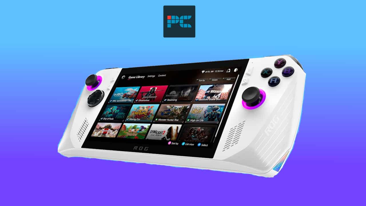 A white ASUS ROG gaming handheld device displaying a screen of game selections on a blue background.