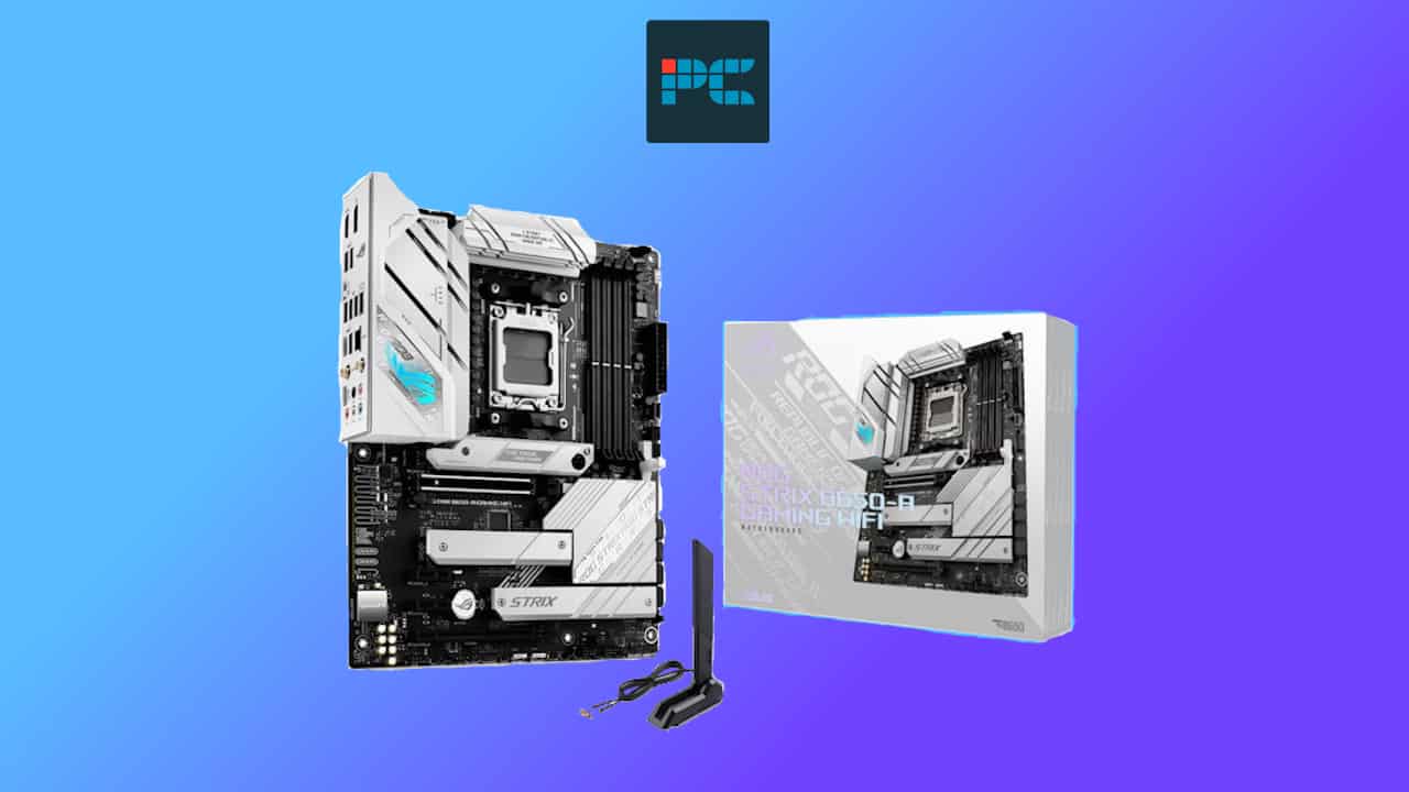 An Asus TUF B650 gaming motherboard displayed against a blue background with an image of its packaging to the side.