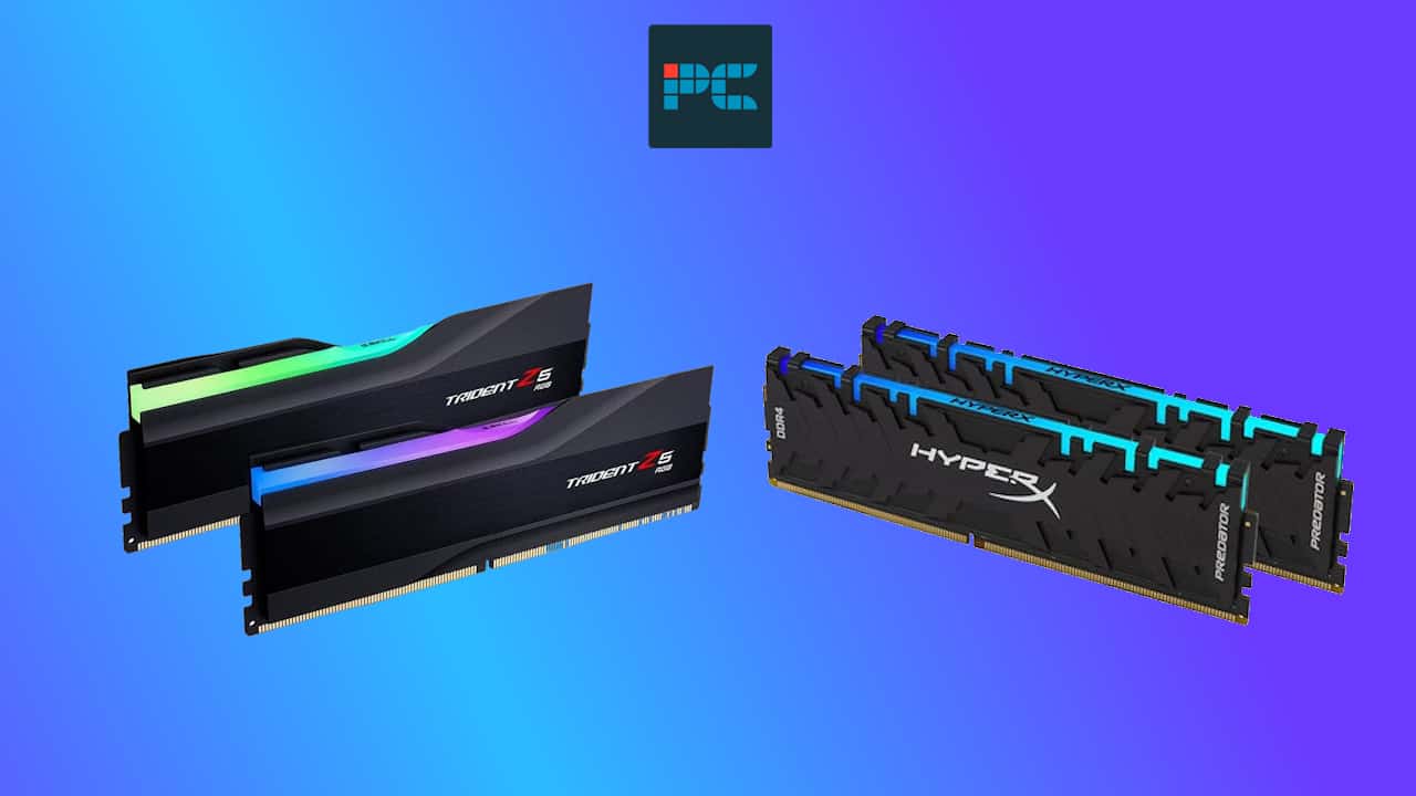 Two models of high-performance PC gaming RAM modules against a gradient blue background.