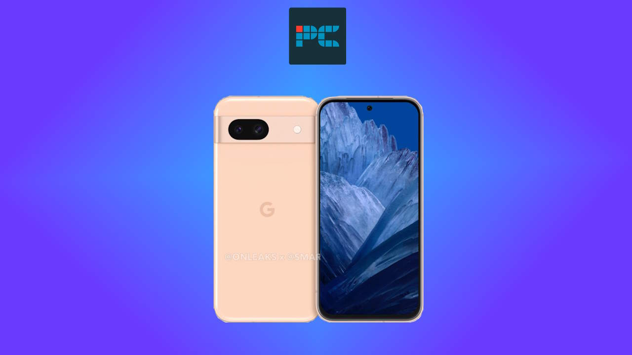 Gold-colored Google Pixel 8a smartphone with dual camera displayed against a blue background.
