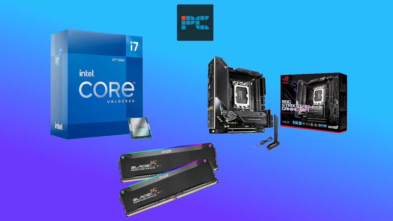 Various computer hardware components including an Intel Core i7-12700K bundle, two sticks of ram, and two motherboards on a blue background.