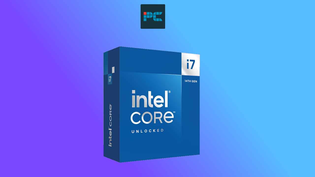 An Intel Core i7-14700K processor box with an "unlocked" label against a blue gradient background.