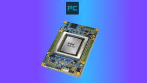 An Intel Gaudi 3 graphics processing unit (GPU) mounted on a circuit board, set against a blue gradient background.