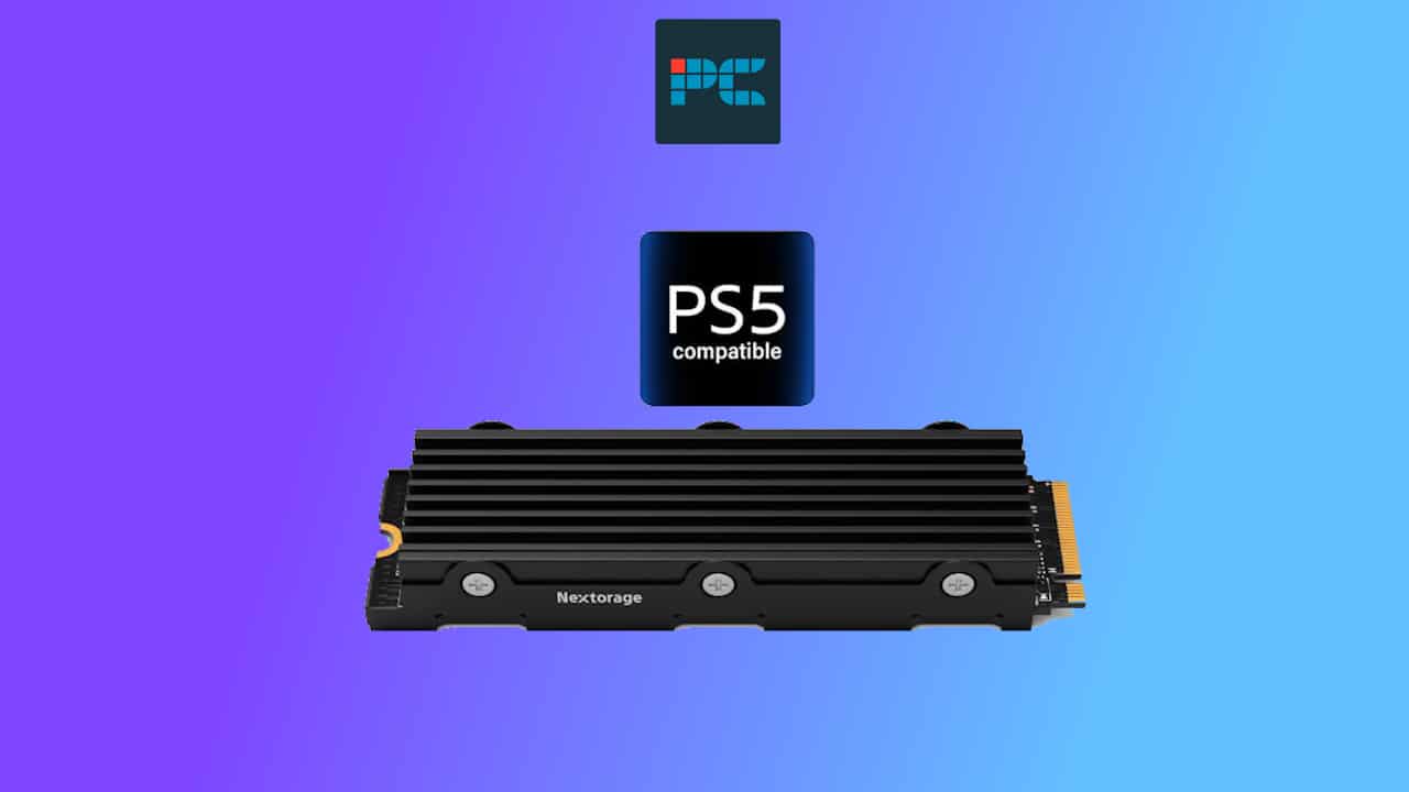 A black nextorage 4TB SSD with a "PS5 compatible" label against a blue and purple gradient background.