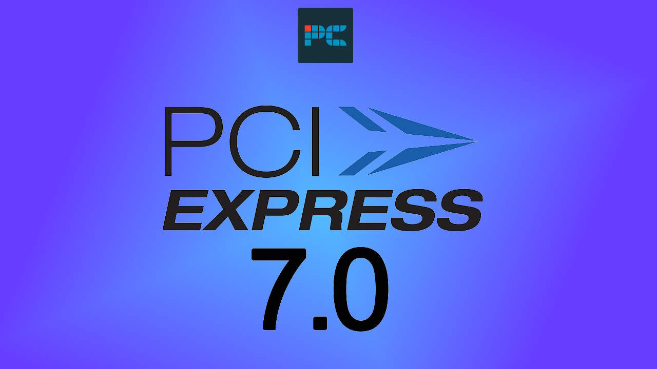 The PCl Express 7.0 logo on a blue purple background