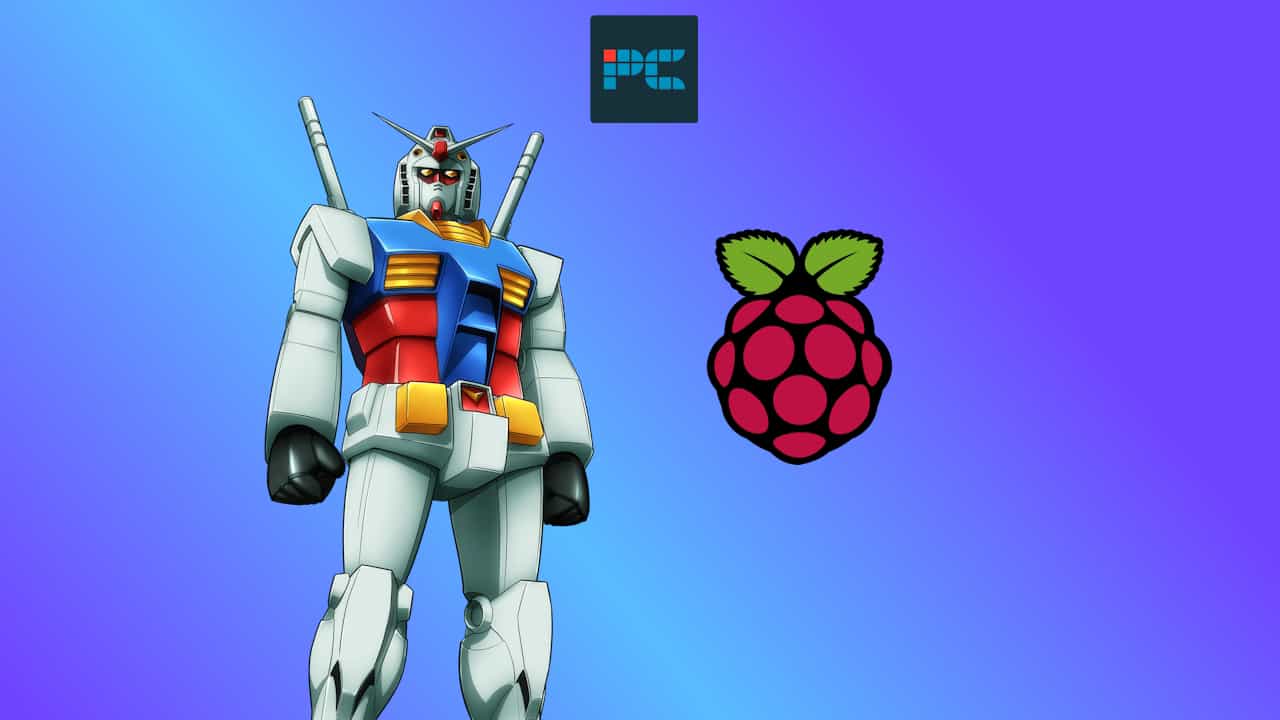 3d illustration of a Raspberry Pi Gundam robot standing next to a raspberry pi logo against a blue and purple gradient background.