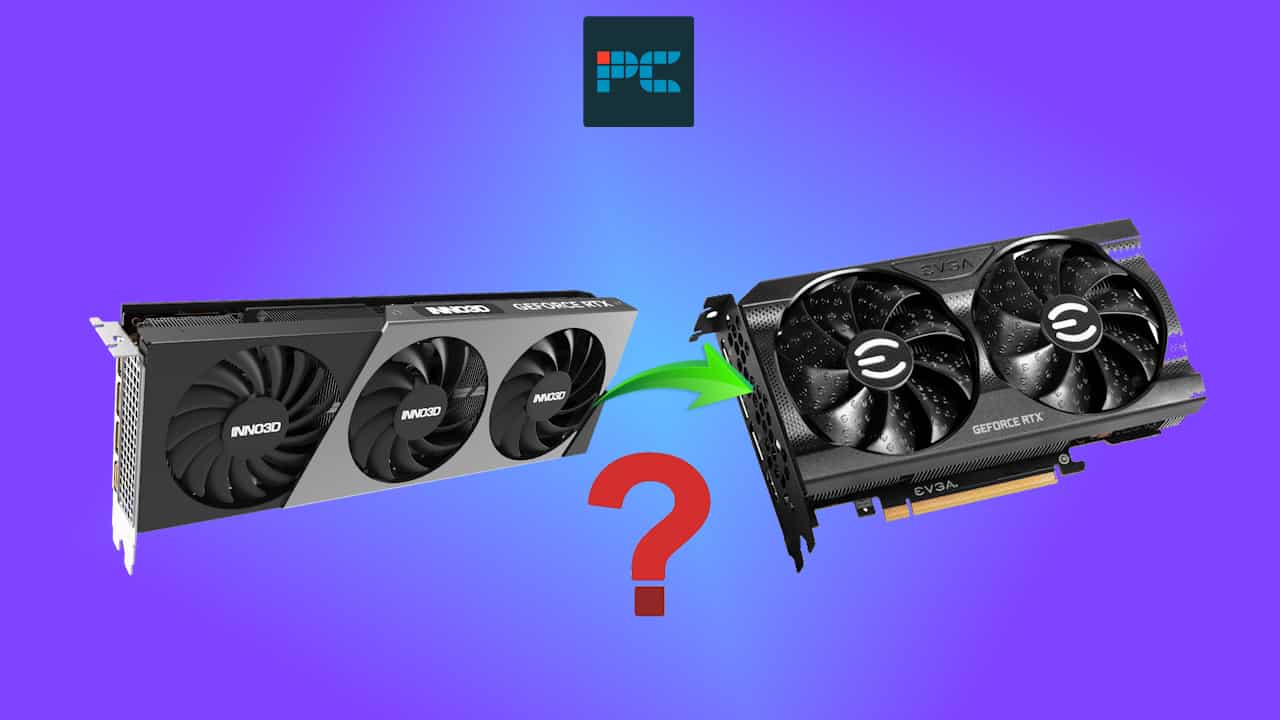 Graphic card upgrade from an Inno3D RTX 4070 Ti model to an EVGA, depicted with a question mark and arrows indicating transition, against a purple background.