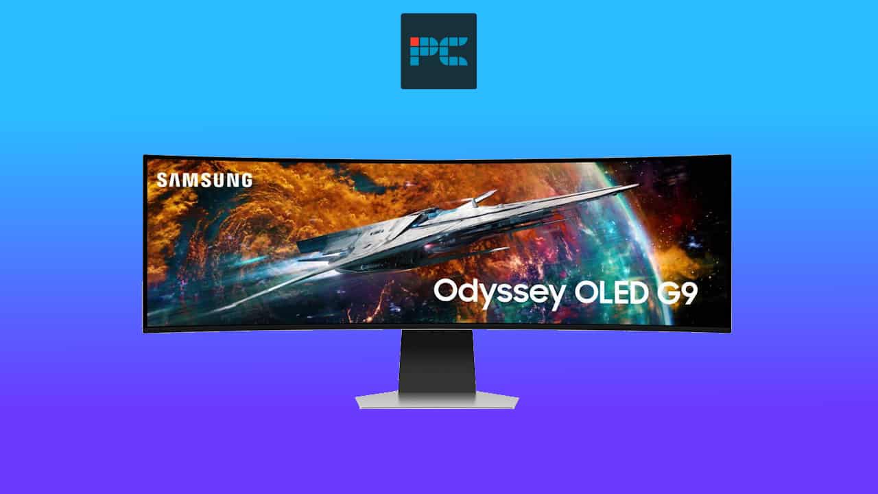 Ultra-wide 49-inch Samsung Odyssey OLED G9 gaming monitor displaying a spaceship scene.