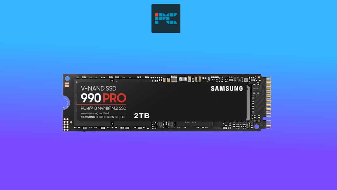 Samsung 2TB SSD 990 Pro 2TB NVMe M.2 solid state drive against a blue background.
