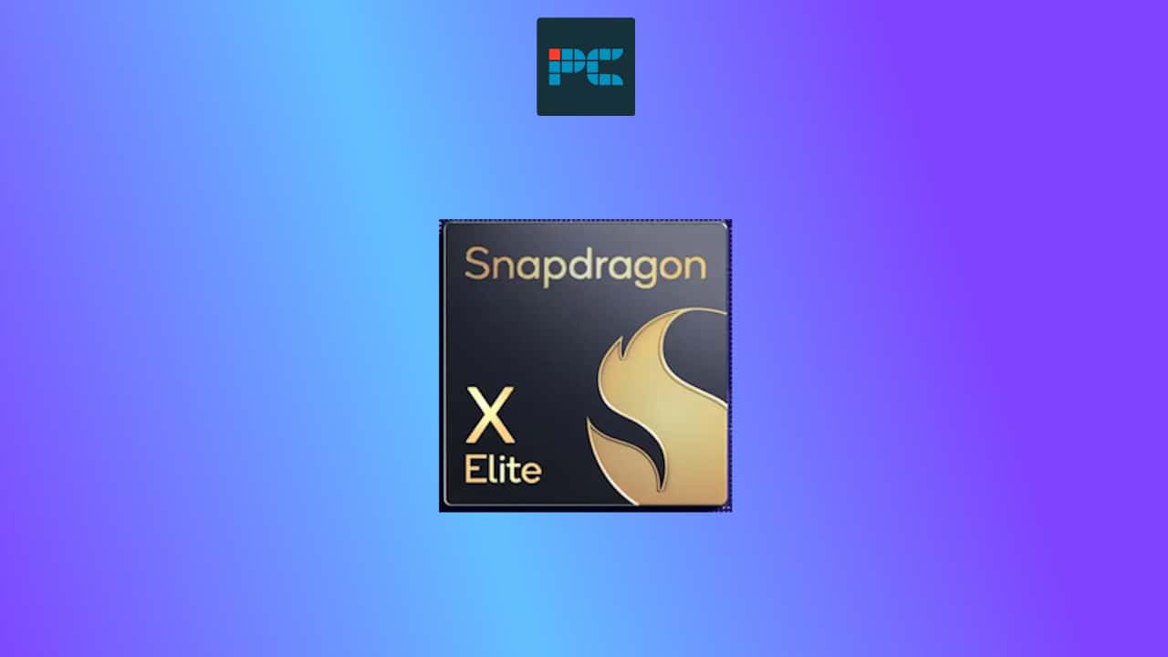 Logo of Snapdragon X Elite chip on a sleek black square against a purple and blue gradient background.