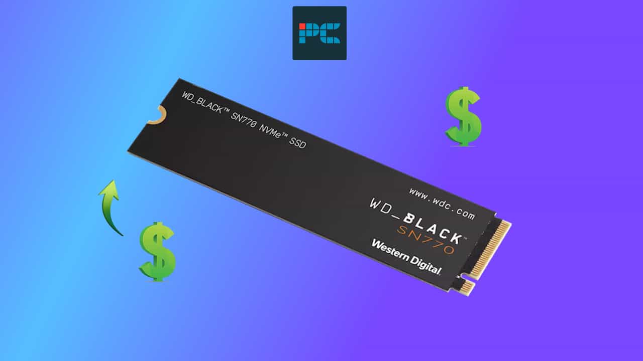 A western digital black nvme m.2 SSD with ascending price symbols, indicating an SSD price increase.
