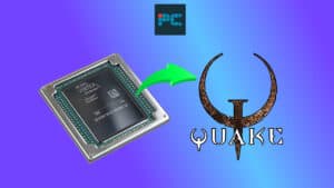 Graphic processor upgrade enhancing performance for Quake gameplay, indicated by an arrow and game logo.