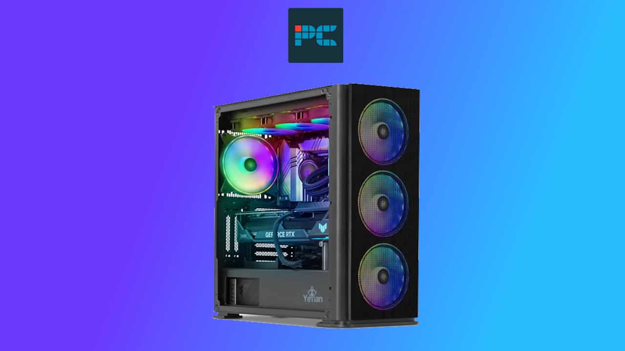 Custom RTX 4090 gaming PC with rgb lighting on a blue background.