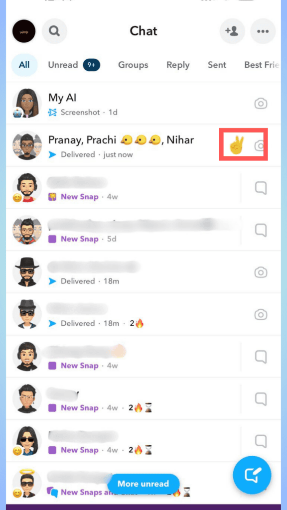 A screenshot of a Snapchat interface showing an open chat window with a friend, featuring various messages and a peace sign emoji reaction.
