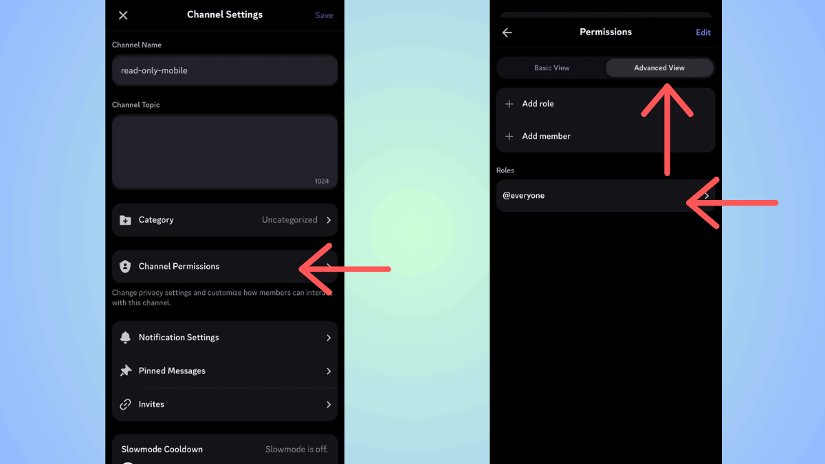 Two screenshots of Discord channel settings on mobile app: left screen shows channel customization options; right screen displays read-only permission settings with navigation arrows indicating features.