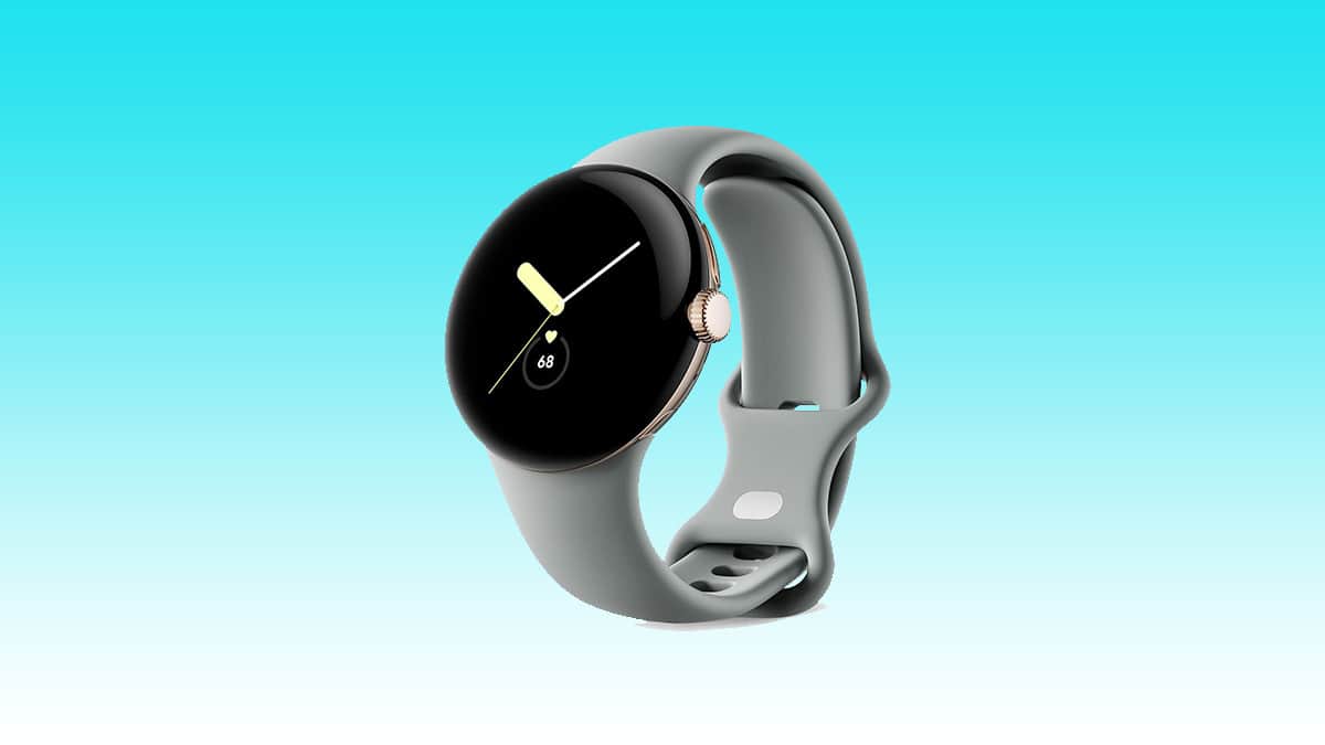 A Google Pixel Smart Watch with a black display and a silver case on a light turquoise background.