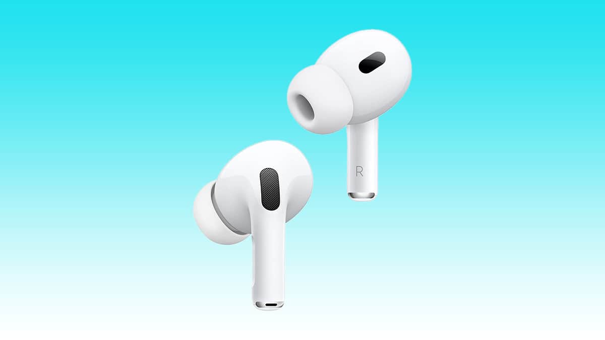AirPods against a blue gradient background.