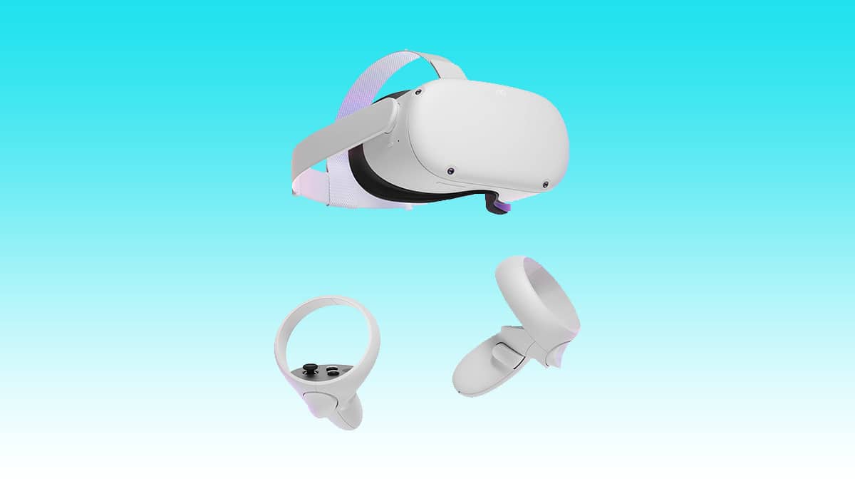 Auto draft of a virtual reality headset and controllers floating against a blue background.