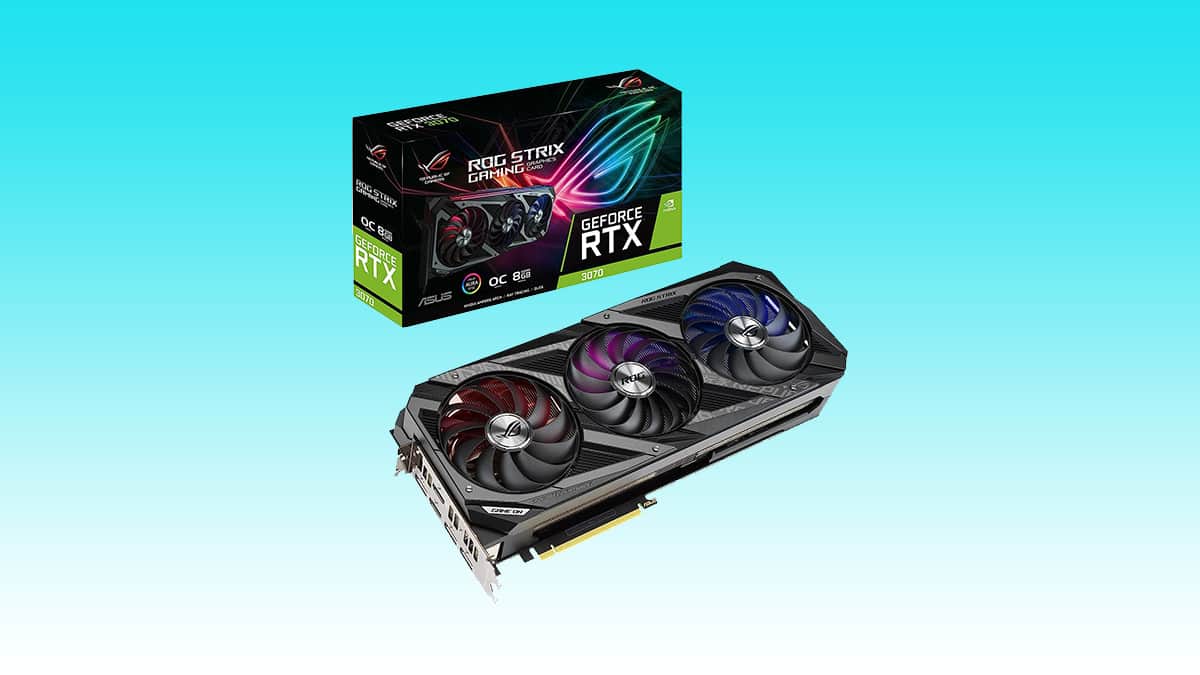 An ASUS ROG Strix GeForce RTX 3070 graphics card with its packaging box on a gradient background, available as an Amazon deal.