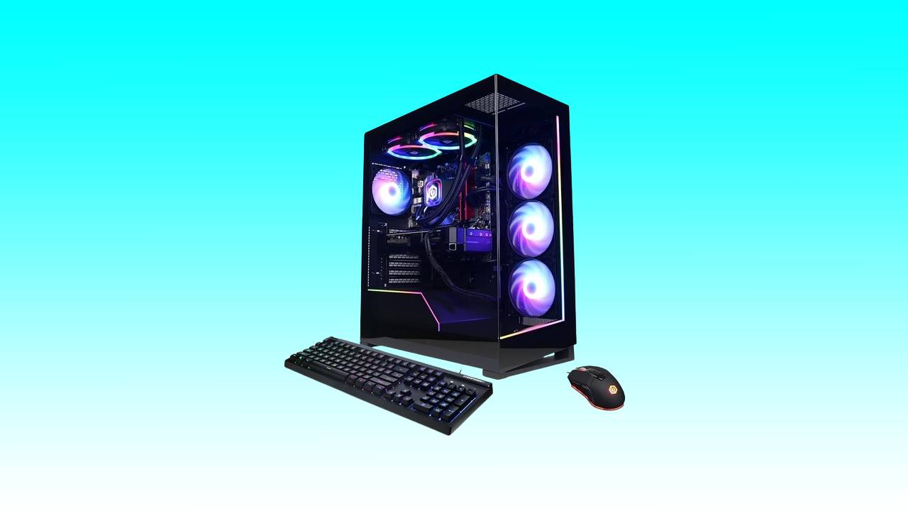 A modern CyberPower RTX 4070 Ti gaming PC setup with RGB lighting, including a tower, keyboard, and mouse, displayed against a teal gradient background.