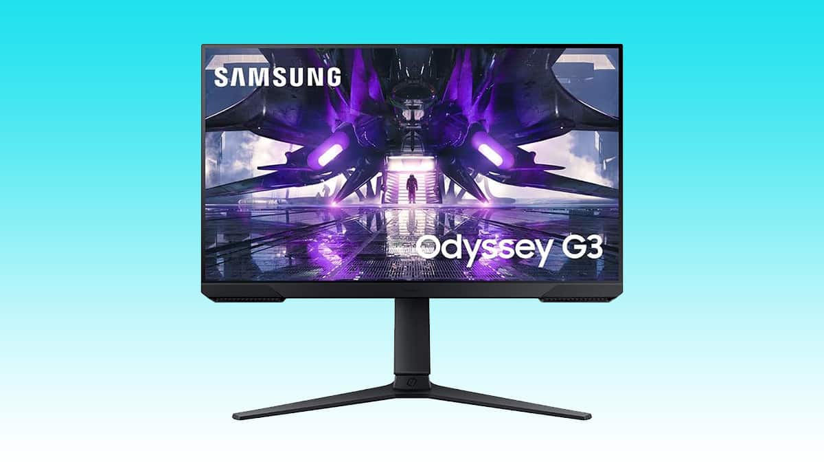 Samsung Odyssey G3 24" monitor displaying a futuristic sci-fi scene.