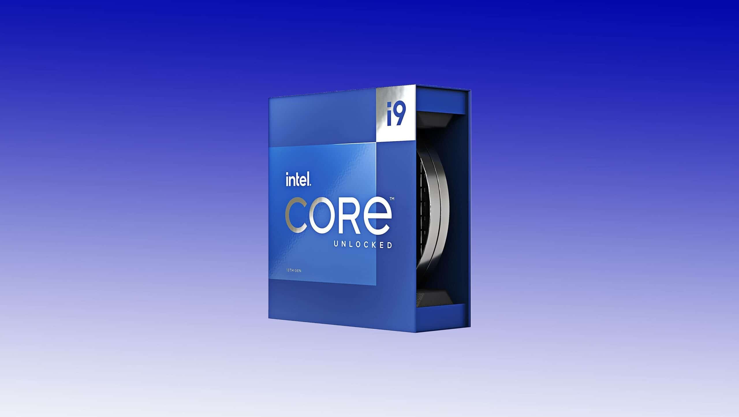 An Intel Core i9 13900K processor box with a visible CPU inside, against a gradient blue background.