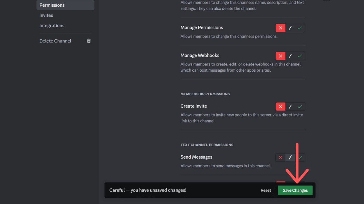 Screenshot of a Discord channel interface on desktop and mobile showing channel settings with highlighted read-only permissions and a red arrow pointing to the 'save changes' button.