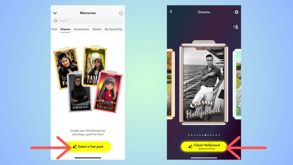 Screenshot of a mobile app with two tabs, "Snapchat Dreams" and "memories," showing user interfaces to select themed photo packs, with arrows pointing at selection buttons.
