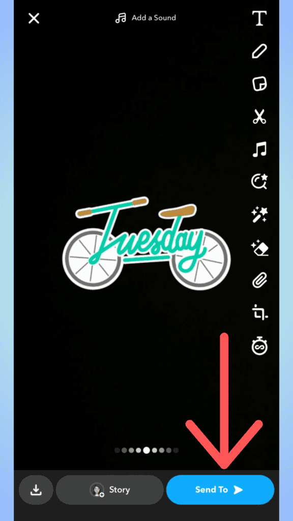 A smartphone screen displaying a Snapchat interface with a graphic saying "tuesday" styled as a bicycle, highlighted by a red arrow pointing to 'send to' button.