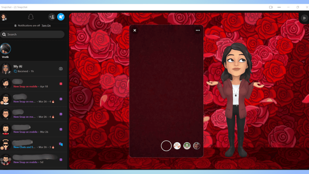 A digital avatar of a woman with her hands raised in a shrugging pose, displayed over a blurred background of red roses on Snapchat's Web interface.
