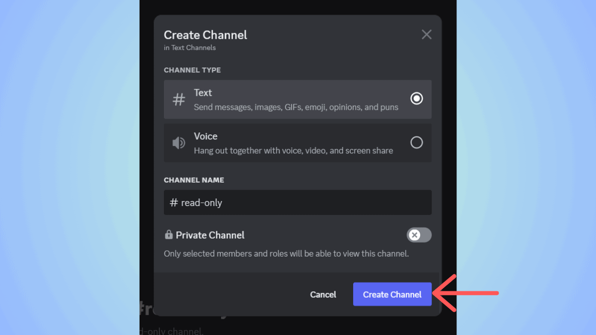 Screenshot of a "create Discord channel" interface 