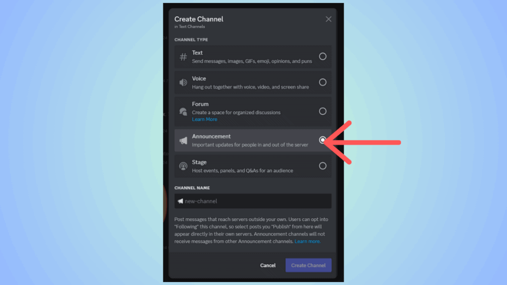 Screenshot of the "create channel" interface on Discord, displaying various channel types with an arrow pointing to the "announcement channel" option.