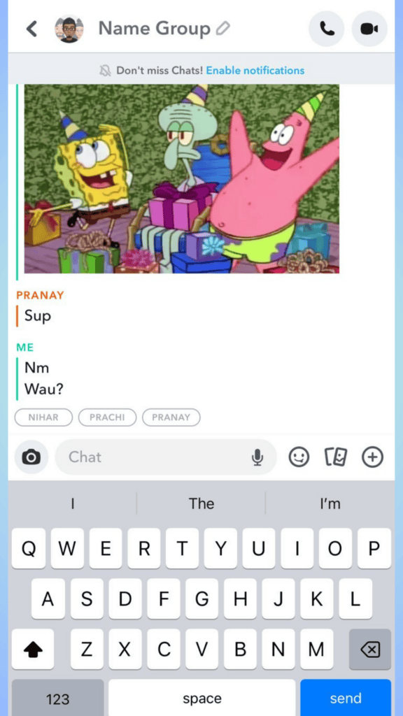 A screenshot of a group chat on Snapchat 