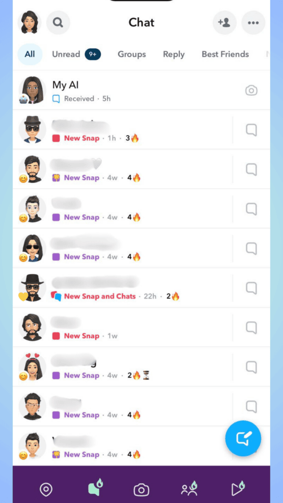 Screenshot of a Snapchat interface displaying a list of received snap messages with various emoji reactions, including the yellow heart symbol, sorted by different tabs like "all," "unread," "groups," and "best