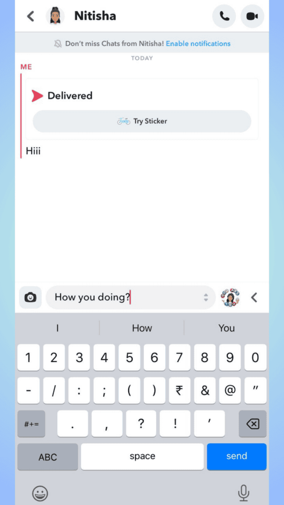 Screenshot of a Snapchat messaging app with a text conversation showing a delivered message "hiii" and a typed response "how you doing?" aiming to get yellow heart status.