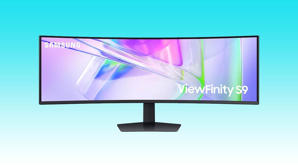 A Samsung Viewfinity S9 ultra-wide curved monitor displayed against an auto draft blue background.