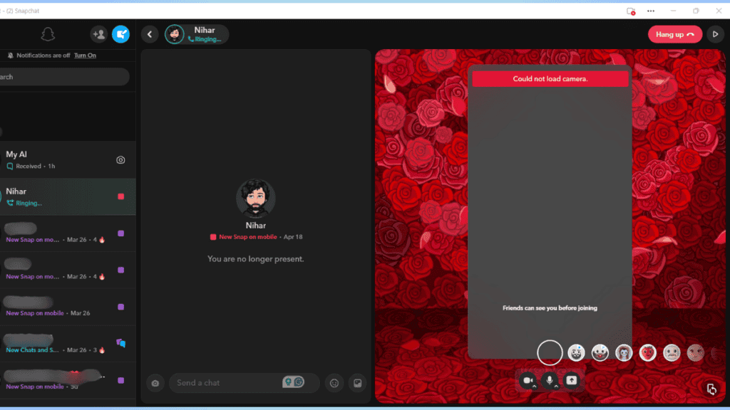 A screenshot of a Snapchat on the Web chat application window, showing a conversation with a user named nihar, alongside a video call screen displaying an error message "could not load camera.
